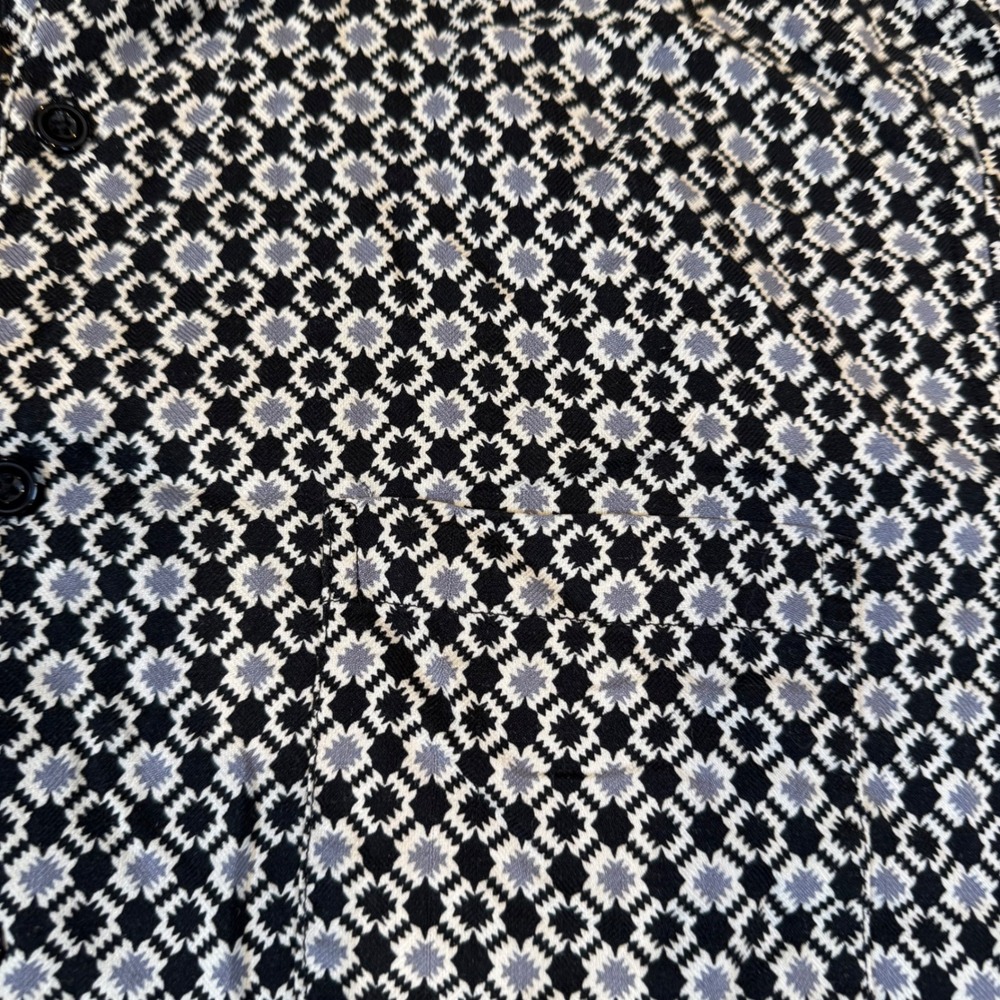 Vintage Silk Mens XL Black White Geometric Diamond Print 100% Silk Shirt S/S - Picture 3 of 7